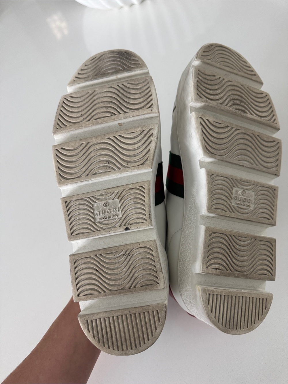 Gucci White Leather Sneakers with Green & Red Web and Gold Bee - Picture 6 of 9